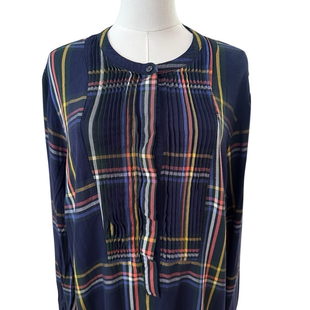Women's XL Navy Blue Plaid Pleated Long Sleeve Preppy Midi Casual Soft Dress - Picture 3 of 6